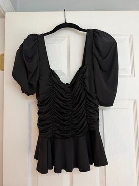 Express Black Ruched Puff Sleeve Peplum Top